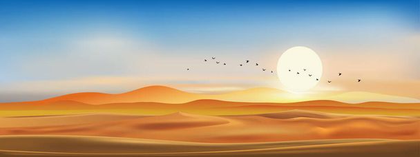 Realistický vektor Dramatická pouštní krajina ve večerních hodinách se západem slunce, obloha linie v modré růžové a žluté.Šablona design pro produkt nebo reklamu, cestování nebo příroda displej na pozadí a banner pozadí - Vektor, obrázek