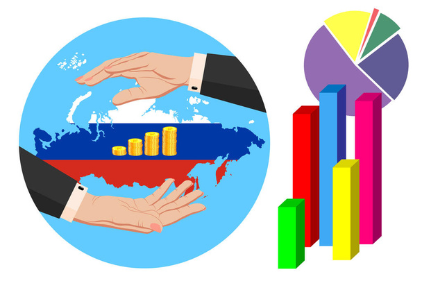 Economía y presupuesto de la Federación Rusa. Dos manos femeninas en un traje de negocios alrededor de monedas de rublo de oro. Mapa de Federación Rusa en los colores de la bandera nacional. Símbolo de protección, estabilidad - Vector, imagen