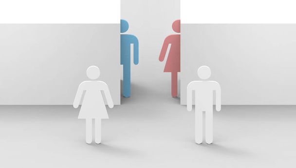 Sexismus nebo diskriminace na základě pohlaví s transgenderovou koncepcí Mužské a ženské genderové znaky na bílém pozadí.minimální styl - 3D vykreslování - Fotografie, Obrázek