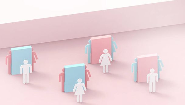 Erkek ve kadın cinsiyet transseksüel kavramı pembe arka planda fütüristik işaretler - 3D görüntüleme - Fotoğraf, Görsel