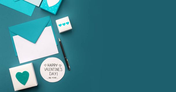 Blue envelopes, gifts and white hearts on classic blue background. Love letter, Valentines card, holiday time concept. Mockup template. Top view - Photo, Image