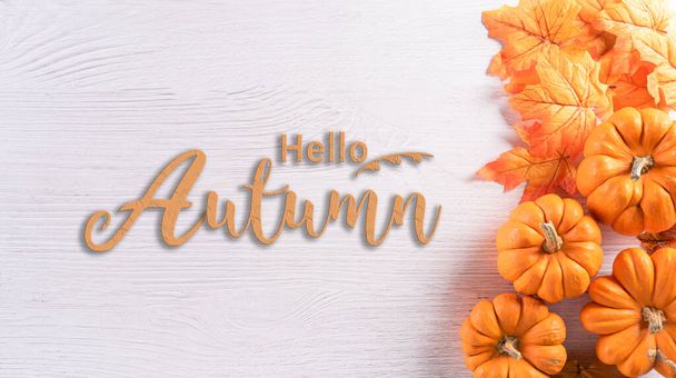 Herfst achtergrond decoratie van droge bladeren en pompoen op houten achtergrond. Flat lay, bovenaanzicht met kopieerruimte voor herfst, herfst, Thanksgiving concept. - Foto, afbeelding