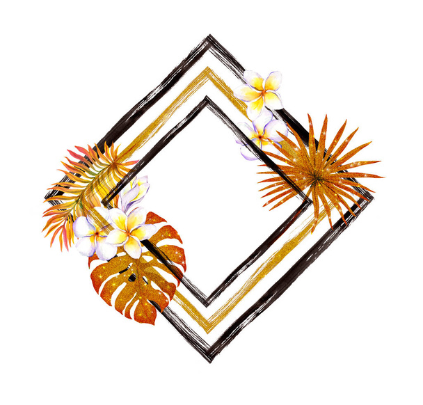 Cartão, em branco com folhas tropicais douradas, flores exóticas de frangipani plumeria. Projeto da selva com listras pretas e douradas. Aquarela - Foto, Imagem