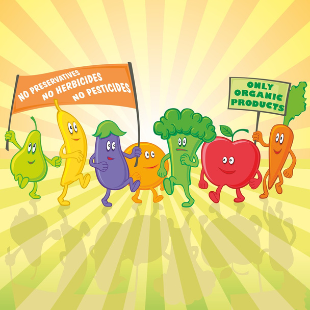 Desfile de personajes de frutas y verduras con carteles
 - Vector, imagen