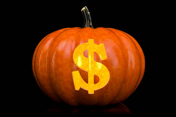 Символ доллара, вырезанный на тыкве. Шрифт Хэллоуина на черном фоне, 3D рендеринг - Фото, изображение