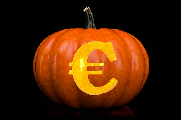 Euro Símbolo tallado en calabaza. Halloween fuente sobre fondo negro, 3D rendering - Foto, imagen