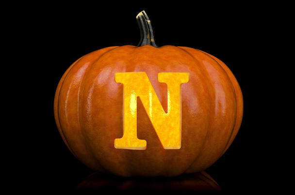 Ragyogó N betű, tökbe vésve. Halloween betűtípus fekete háttér, 3D renderelés - Fotó, kép