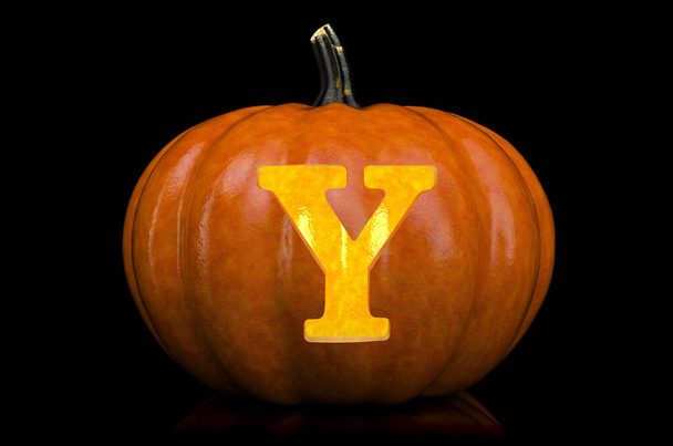 Светящееся письмо Y, вырезанное на тыкве. Шрифт Хэллоуина на черном фоне, 3D рендеринг - Фото, изображение