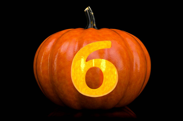 Číslo 6 vytesáno do dýně. Halloween písmo na černém pozadí, 3D vykreslování - Fotografie, Obrázek
