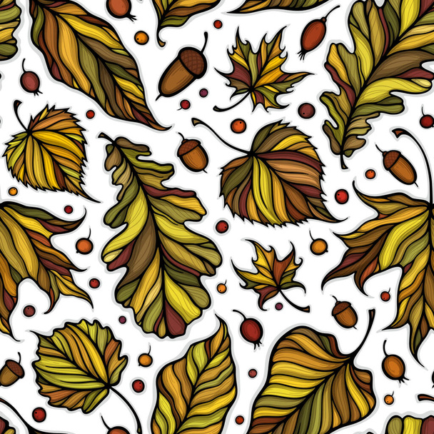Falling leaves colorful vector illustration. Decorative autumn leaves beautiful seamless pattern. Hand drawn organic lines collecton isolated on white background - Vektor, kép