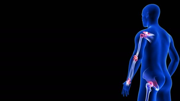 Animation de la douleur articulaire vue de côté - gros plan. Blue Human Anatomy Body 3D Scan render - boucle sans couture rotative sur fond noir - Séquence, vidéo