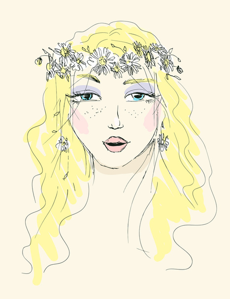 Sketch of a woman with flowers in her hair - Vector, afbeelding
