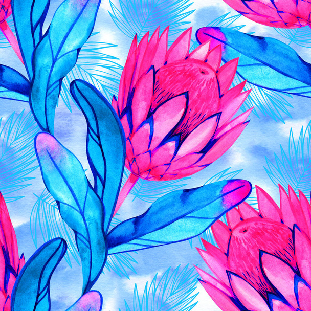 Watercolor seamless pattern with tropical leaves and flowers. Exotic allower print. - Фото, изображение