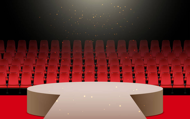 podium en rode stoelen met schijnwerpers in de hal - Vector, afbeelding