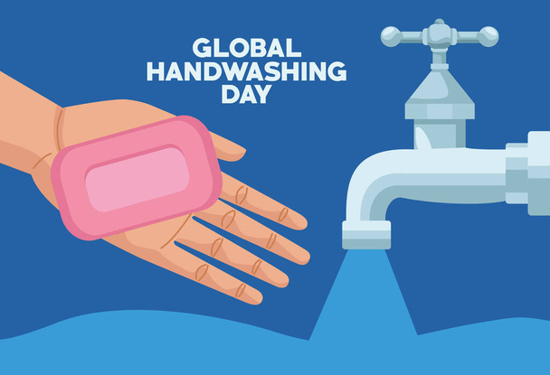 campagna globale di lavaggio delle mani con mano utilizzando sapone bar e rubinetto dell'acqua - Vettoriali, immagini