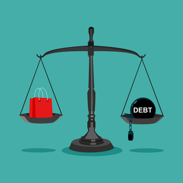 Bolsas de compras y deuda en la balanza. Las ideas de compra crean deuda. vector eps - Vector, imagen