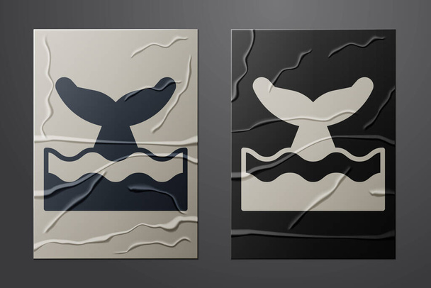 Weißwalschweif in Meereswellen-Ikone isoliert auf zerknittertem Papierhintergrund. Papierkunst. Vektor. - Vektor, Bild