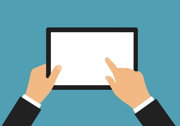 Flat design illustration of hand of businessman holding touch screen tablet with space for text or graphic - vector - Vector, Image