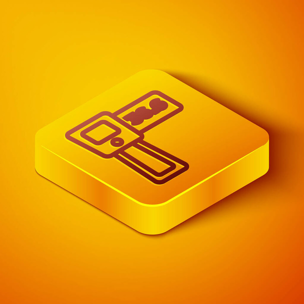 Isometric line Digital contactless thermometer with infrared light icon isolated on orange background. Yellow square button. Vector. - Vector, Image