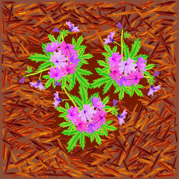 赤いマルチと花。天然松の樹皮を使用した花壇のための明るいマルチ。多くの園芸の概念。ベッド、植物、土壌保護のマルチ。ランドスケープデザインの色マルチ。ストックベクトルイラスト - ベクター画像
