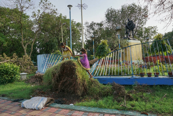 Калькутта, Западная Бенгалия, Индия - 21 мая 2020 года: Две девочки играют на дереве, выкорчеванном суперциклоном Амфаном, перед статуей Махатмы Ганди. Жизнь после опустошения снова поднимается. - Фото, изображение