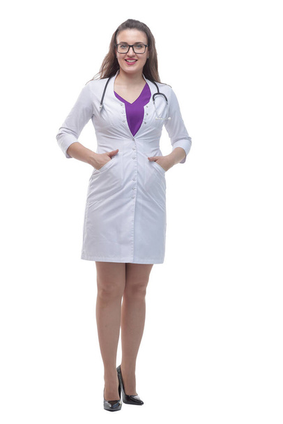 in full growth. a young woman doctor with a stethoscope - Foto, Imagen