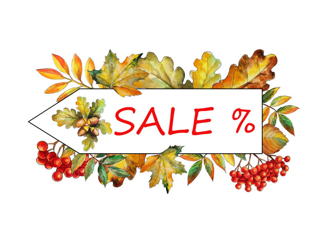 autumn leaves with discount plate, autumn sale illustration. Perfect for informational plates and frames, greeting cards. - Photo, Image