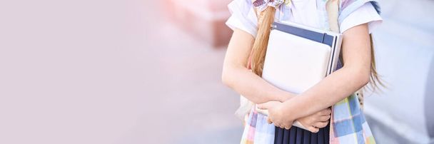 Beautiful american portrait of schoolgirl. Preschool kid holding book. Smiling - 写真・画像