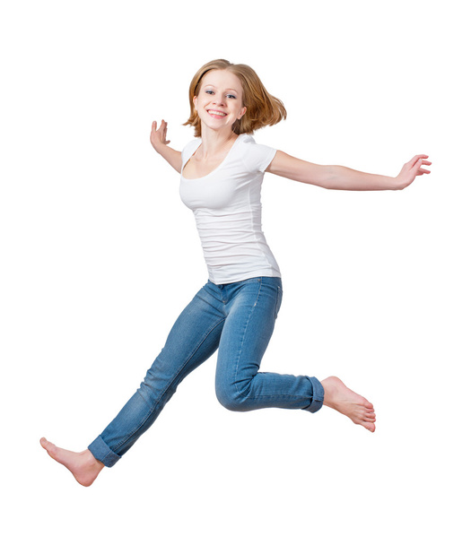 onnellinen tyttö hyppääminen eristetty valkoinen
 - Valokuva, kuva