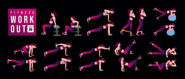 Sada ženských cvičení. ženy cvičí vektory. Ženy cvičí ve fitku a józe. Lunges, Pushups, Squats, Brumbálovy řady, Burpees, Boční prkna, Glute most, Leg Raise, Russian Twist .etc - Vektor, obrázek