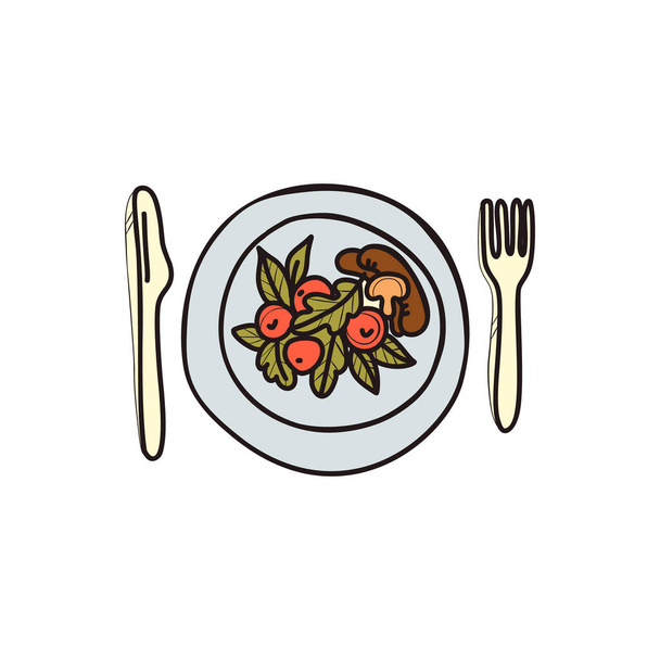 Здоровая тарелка, нож и вилка. Овощной салат и мясо. Линейный каракули стиль. Концепция здорового питания. Все элементы изолированы на светлом фоне. Вектор. Для печати и интернета. - Вектор,изображение