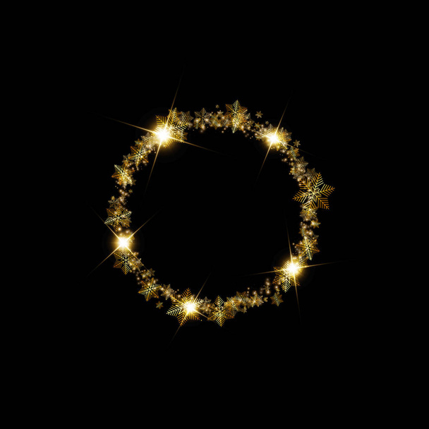 Ronde gouden winter sneeuw frame rand met sterren, sprankelingen en sneeuwvlokken op zwarte achtergrond. Feestelijke kerstbanner, nieuwjaarskaart, ansichtkaart of uitnodiging vector illustratie - Vector, afbeelding