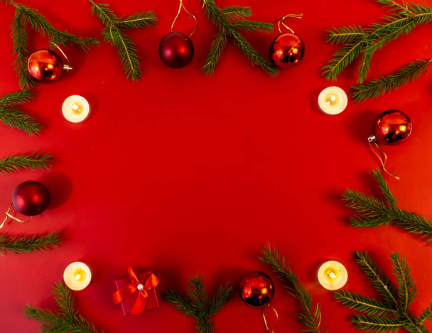 Christmas card, banner, flatlay with copy Space on a red background - Valokuva, kuva