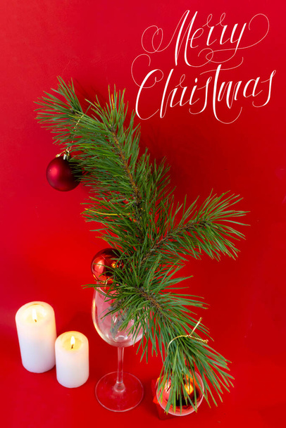 Christmas card, banner, flatlay with text - Merry Christmas on a red background - Photo, Image