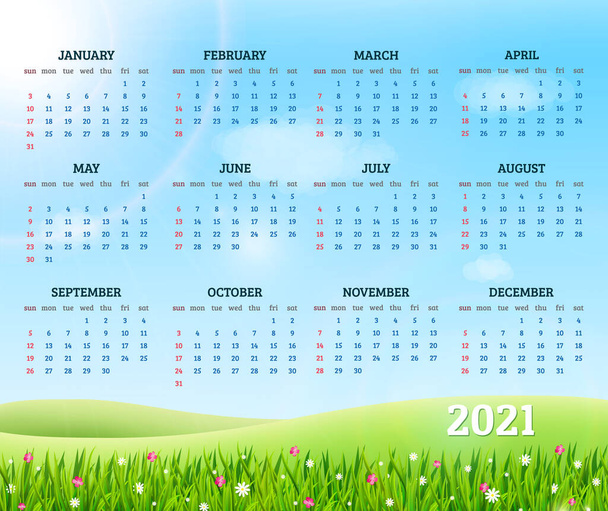 Ημερολόγιο για 2021 με φρέσκο πράσινο γρασίδι και λουλούδια φόντο. Εικονογράφηση διανύσματος - Διάνυσμα, εικόνα