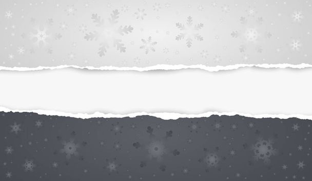 Kawałek podartego, podartego biało-czarnego papieru z wzorem płatków śniegu i miękkim cieniem są na białym tle tekstu. Ilustracja wektora - Wektor, obraz