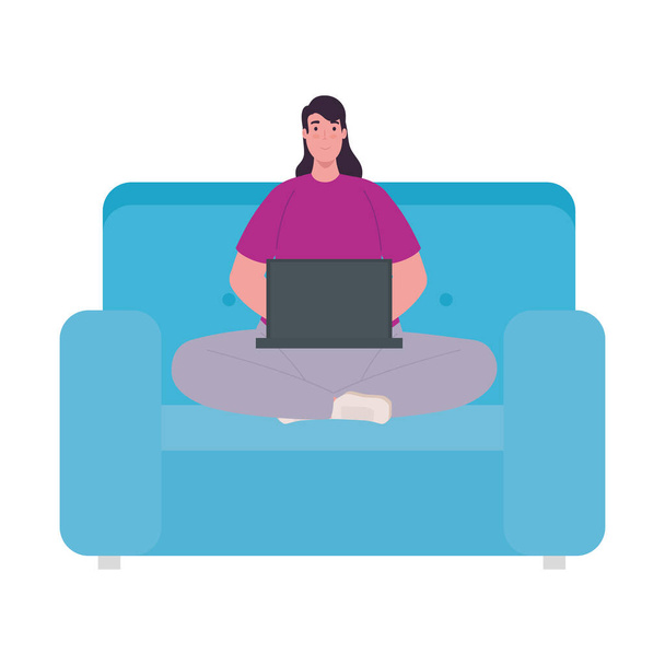 Desenhos animados de mulher com laptop trabalhando no design de vetor de sofá - Vetor, Imagem
