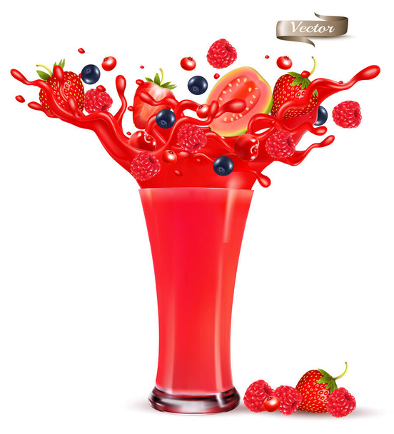 Red berry juice splash. Whole and sliced strawberry, raspberry, cherry blueberry and guava in a sweet juce or syrup with splashes and drops isolated on transparent background. 3D. Vector. - Vector, Image