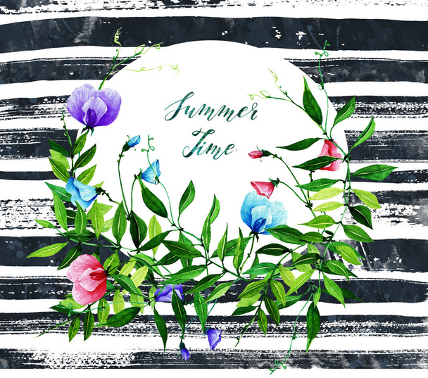 Watercolor illustration, Summer time.Sweet pea. buds, leaves, flowers, handmade, card for you, horizontal stripes - Φωτογραφία, εικόνα