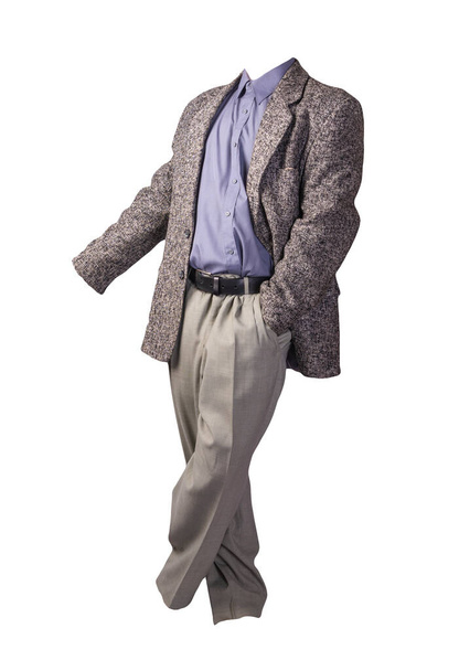 male gray jacket,purple shirt and light gray trousers isolated on a white background. formal suit - Photo, Image
