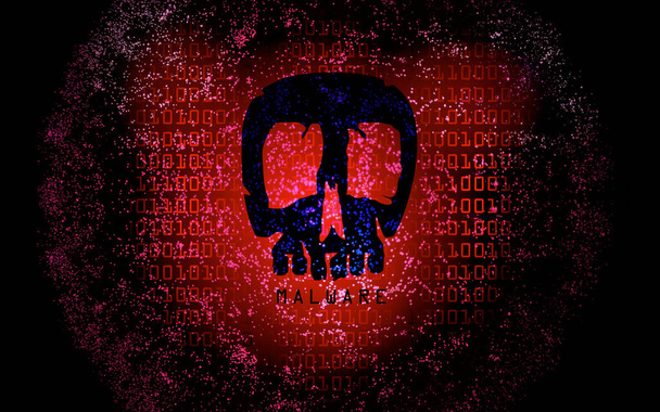  malware, Tela do computador, crânio em uma tela com fundo azul - Foto, Imagem