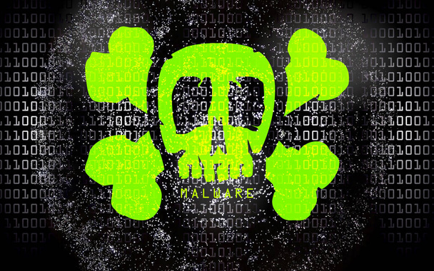 vírus de malware em uma tela de computador código binário - crânio - Foto, Imagem