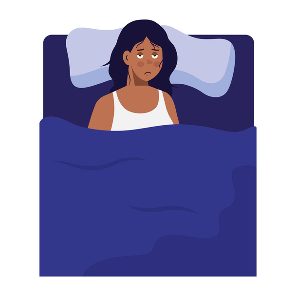 mujer de dibujos animados con insomnio en la cama de diseño de vectores - Vector, imagen