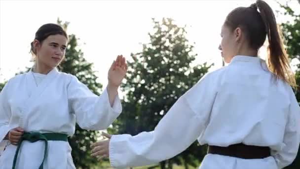 Młoda dziewczyna ćwiczy karate ze swoim sparingowym partnerem w przyrodzie. Widok z boku. Zbliżenie. Kąt fotografowania dolnego - Materiał filmowy, wideo