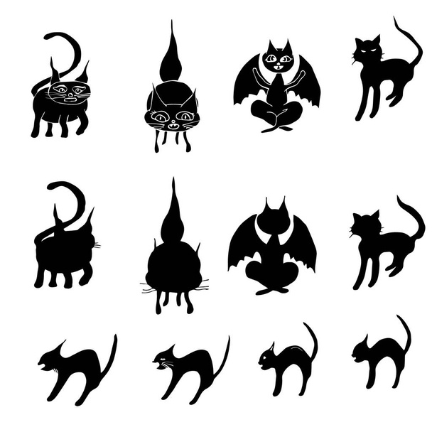 Gelukkige Halloween, 31 oktober, Allerheiligen, feestelijke dieren, geïsoleerde tekeningen van grappige katten, iconen uit de vrije hand in yoga vector, vleugels, meditatie - Vector, afbeelding