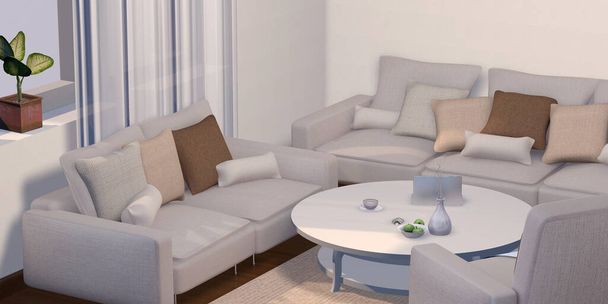 3d иллюстрация интерьер гостиной со стулом стол диван подушки окно ноутбук яблоко и горшок растение  - Фото, изображение
