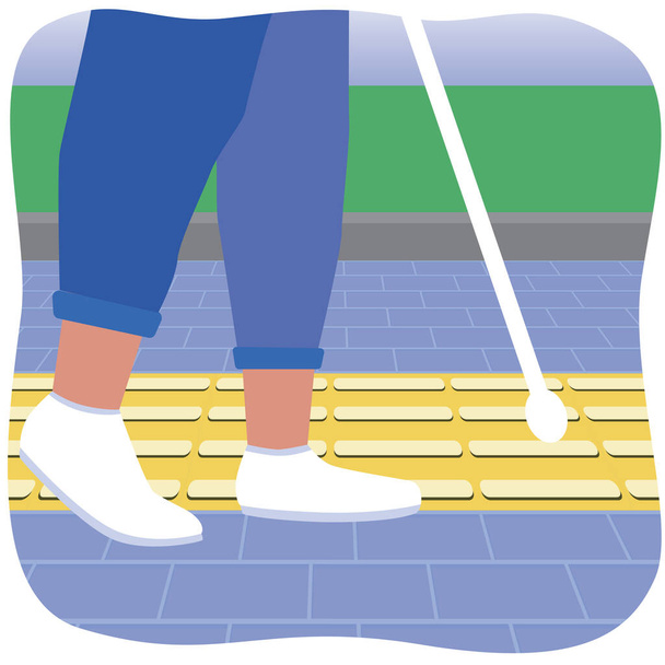 legs and shoes of a blind disabled person with a white cane and tactile paving slabs as a concept of inclusiveness, safety for the disabled, navigation. Flat vector stock illustration  - Vector, Image