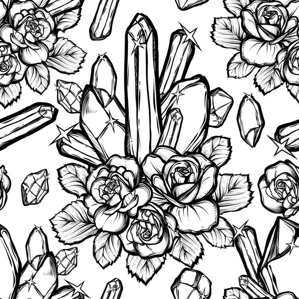Vector illustration. crystals, bouquet of roses, mysticism, tattoos. Handmade,seamless pattern,light background, prints on T-shirts - Vektör, Görsel