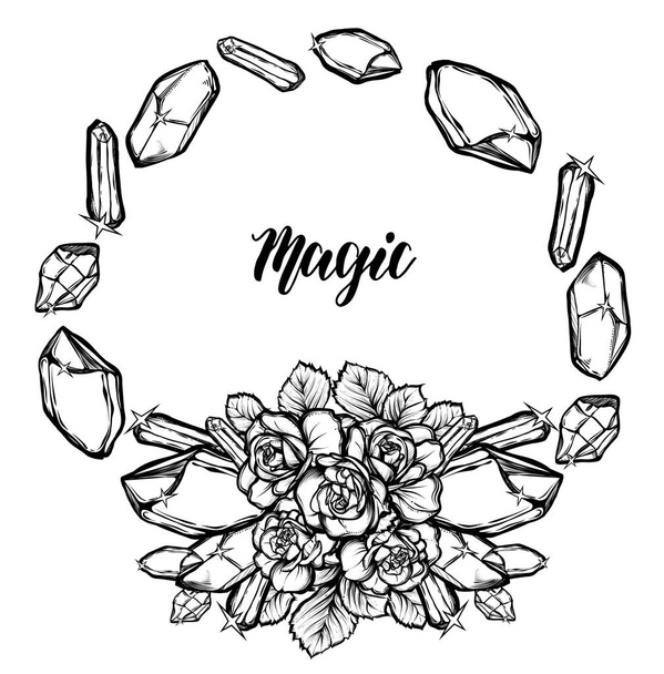 Vector illustration. crystals, bouquet of roses, mysticism. Handmade, tattoos, prints on T-shirts, background white - Vector, afbeelding