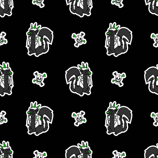 Lindo punk rock skunk y cráneo en el patrón de vectores de fondo negro. Grungy alternativa a cuadros decoración del hogar con animales de dibujos animados. Seamless rocker attitude all over print.  - Vector, imagen